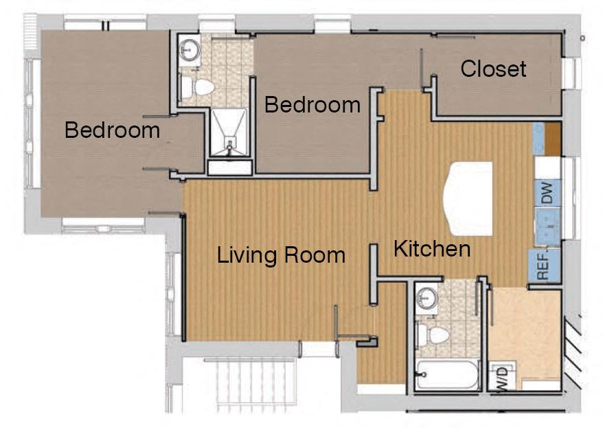 Floor plan for 2 beds, 2 baths, 804 sqft